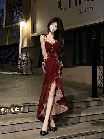 Niulatu High Low Spaghetti Straps Lolita Dress Christmas Dress Burgundy Birthday Dresses SD1129